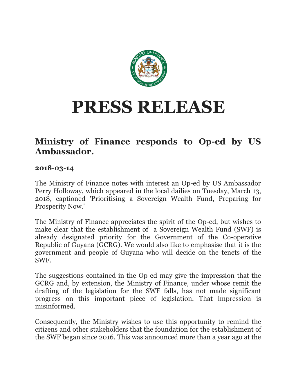Ministry of Finance Responds to Op-Ed by US Ambassador