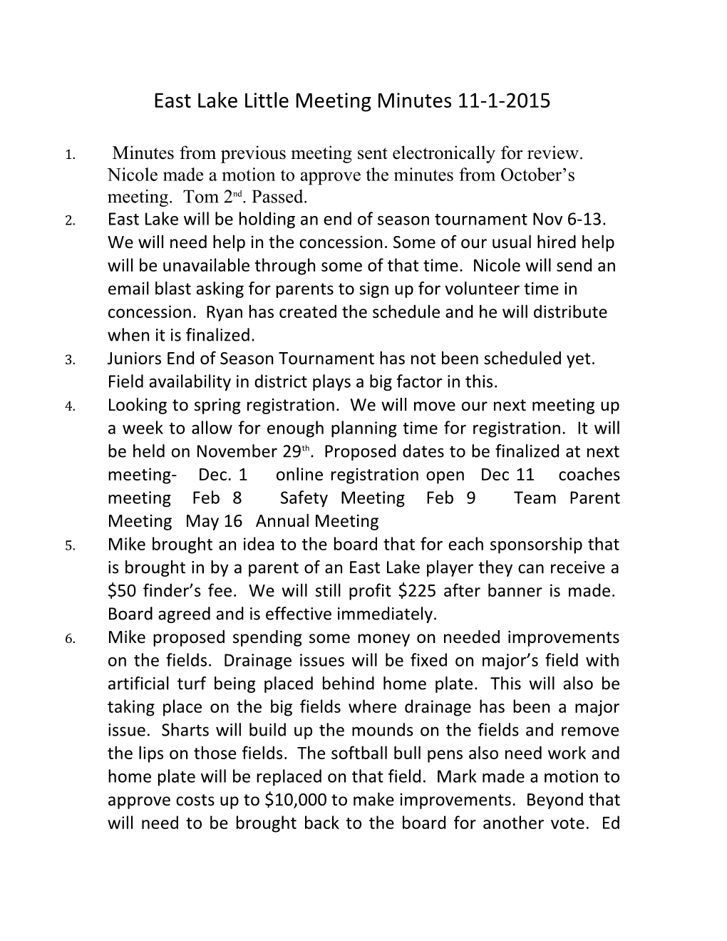 East Lake Little Meeting Minutes 11-1-2015