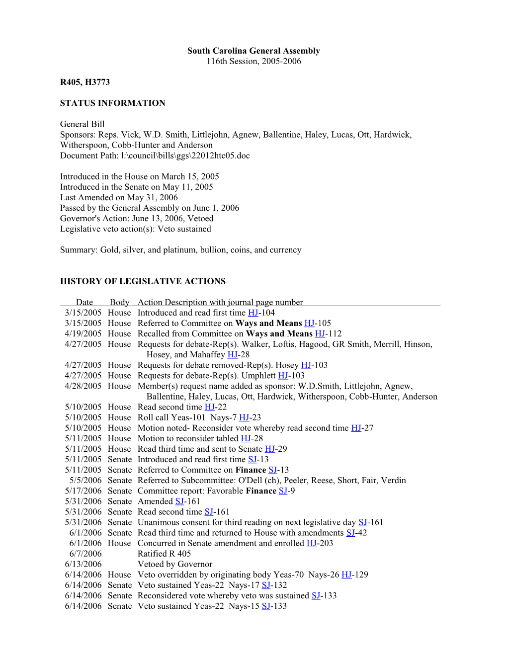 2005-2006 Bill 3773: Gold, Silver, and Platinum, Bullion, Coins, and Currency - South Carolina