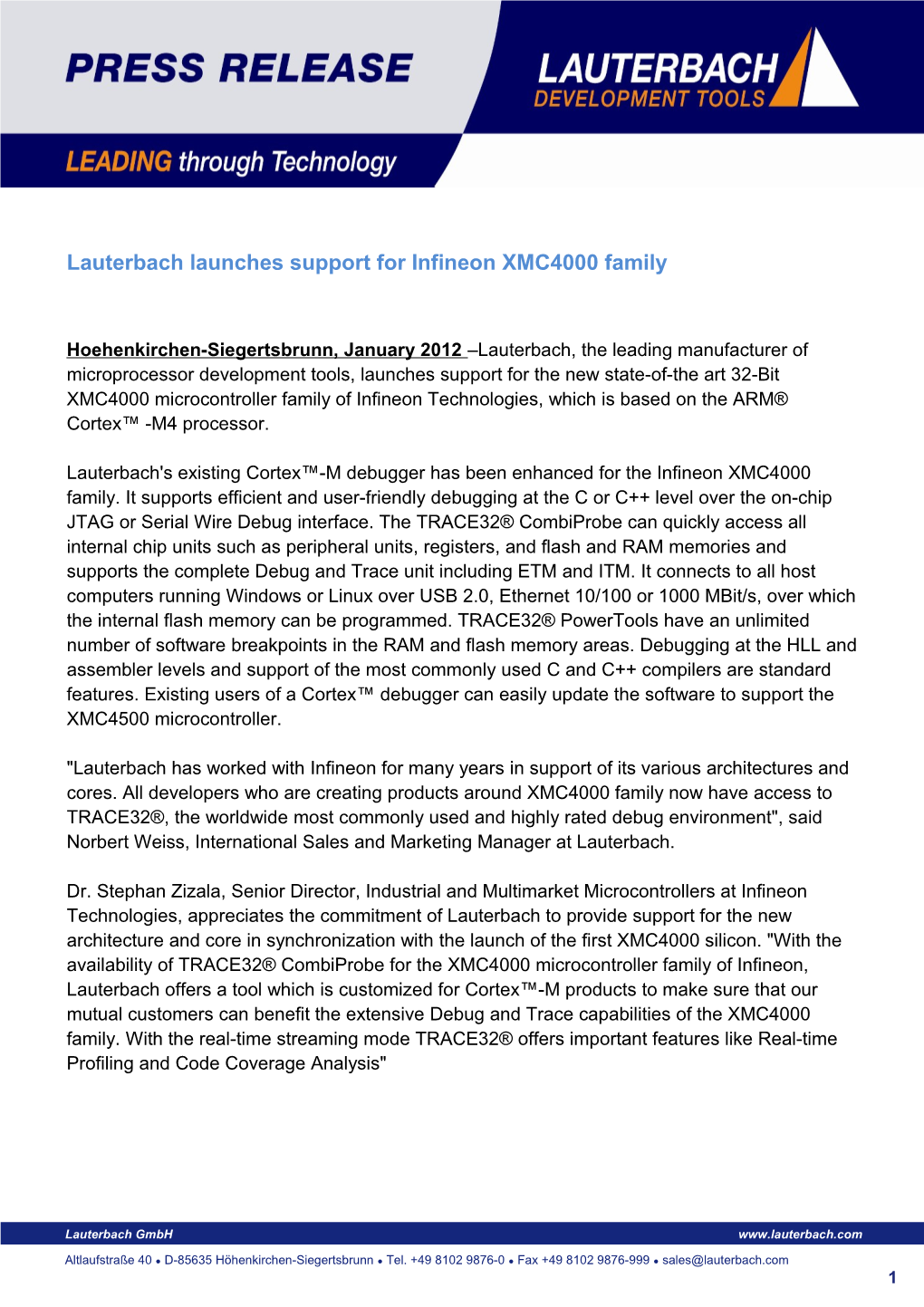 Lauterbach Launches Support for Infineon XMC4000 Family