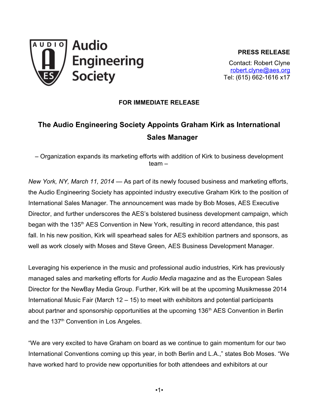 The Audio Engineering Society Appoints Graham Kirk As International Sales Manager