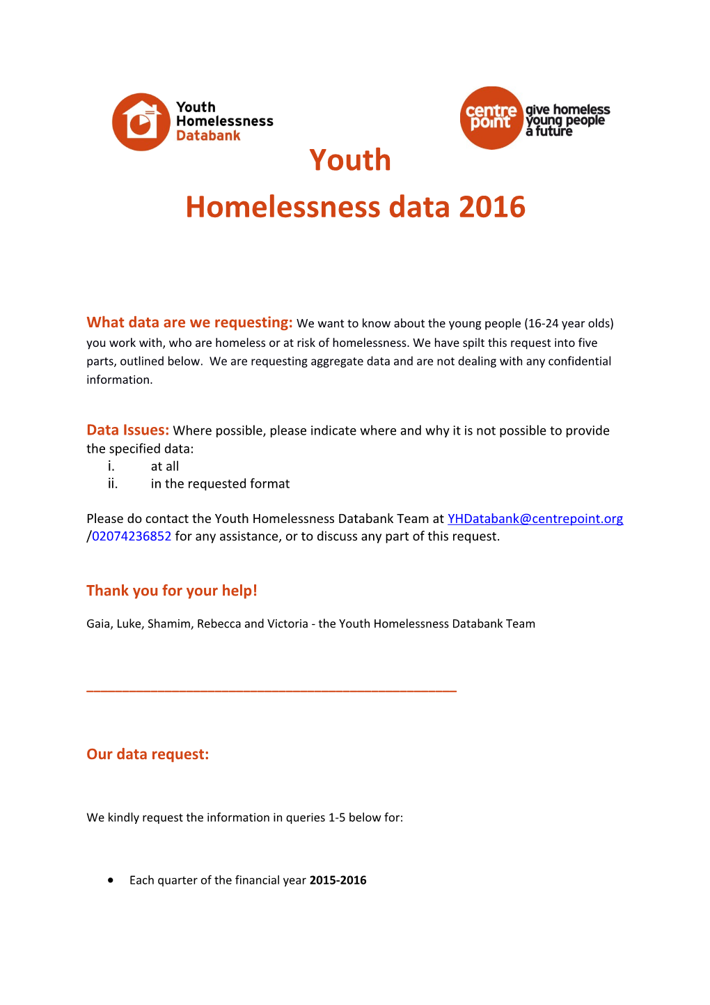 Youth Homelessness Data 2016