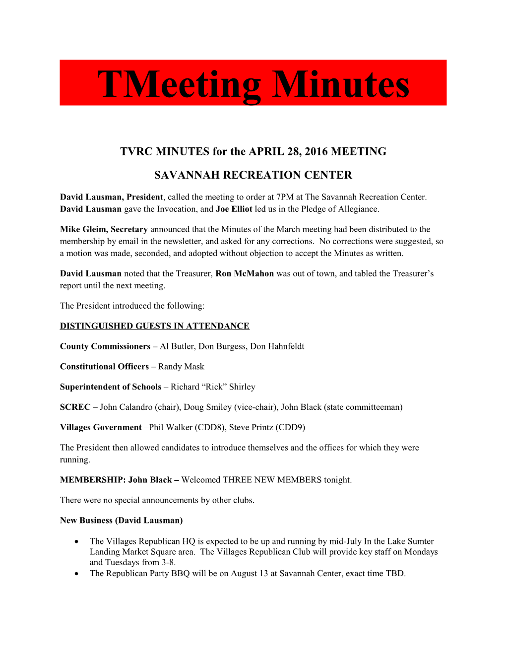 TVRC MINUTES for the APRIL 28, 2016 MEETING