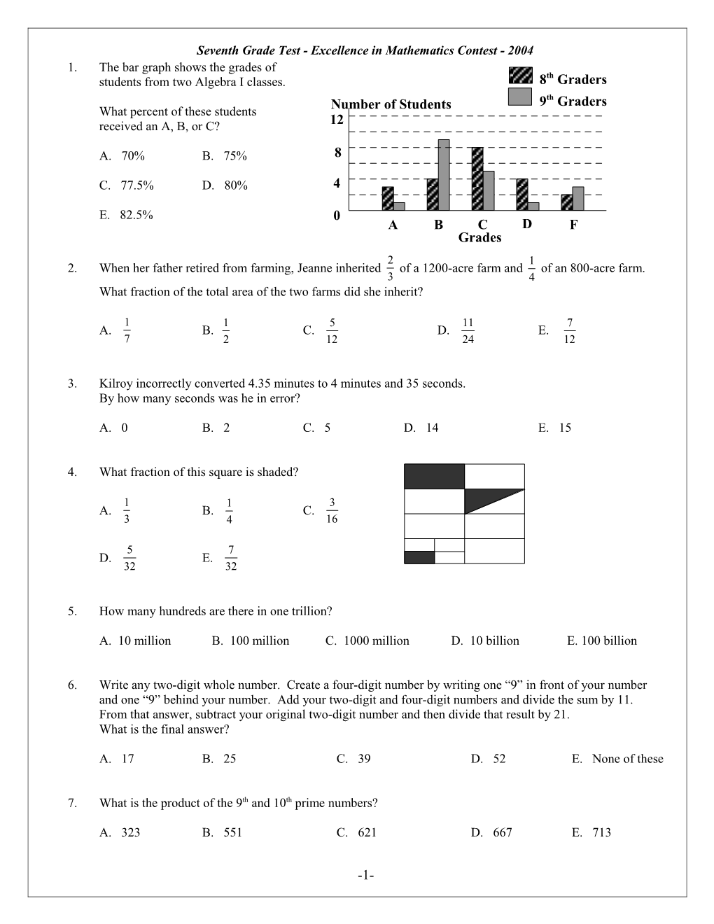 Seventh Grade Test - Excellence in Mathematics Contest - 2004