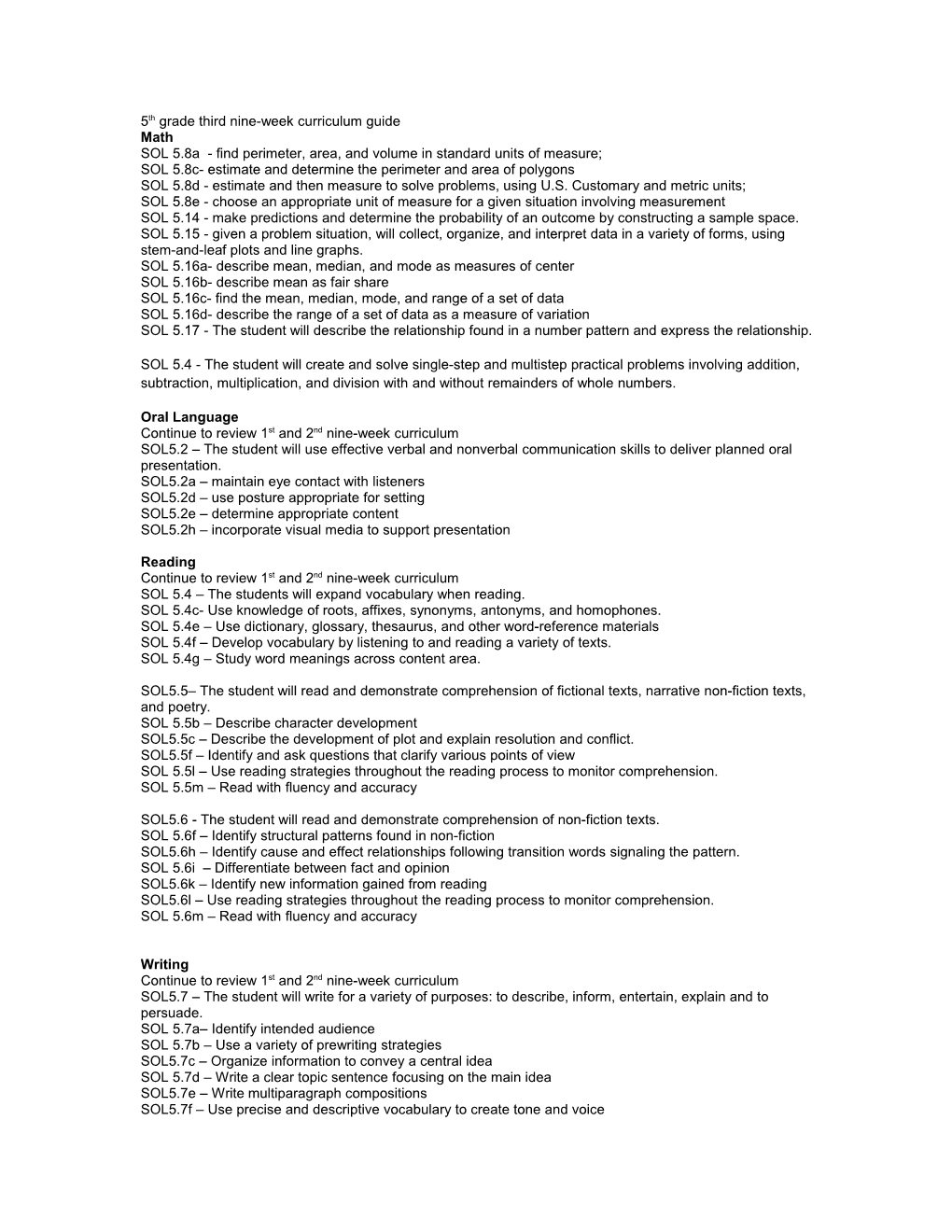 5Th Grade Nine-Week Curriculum Guide