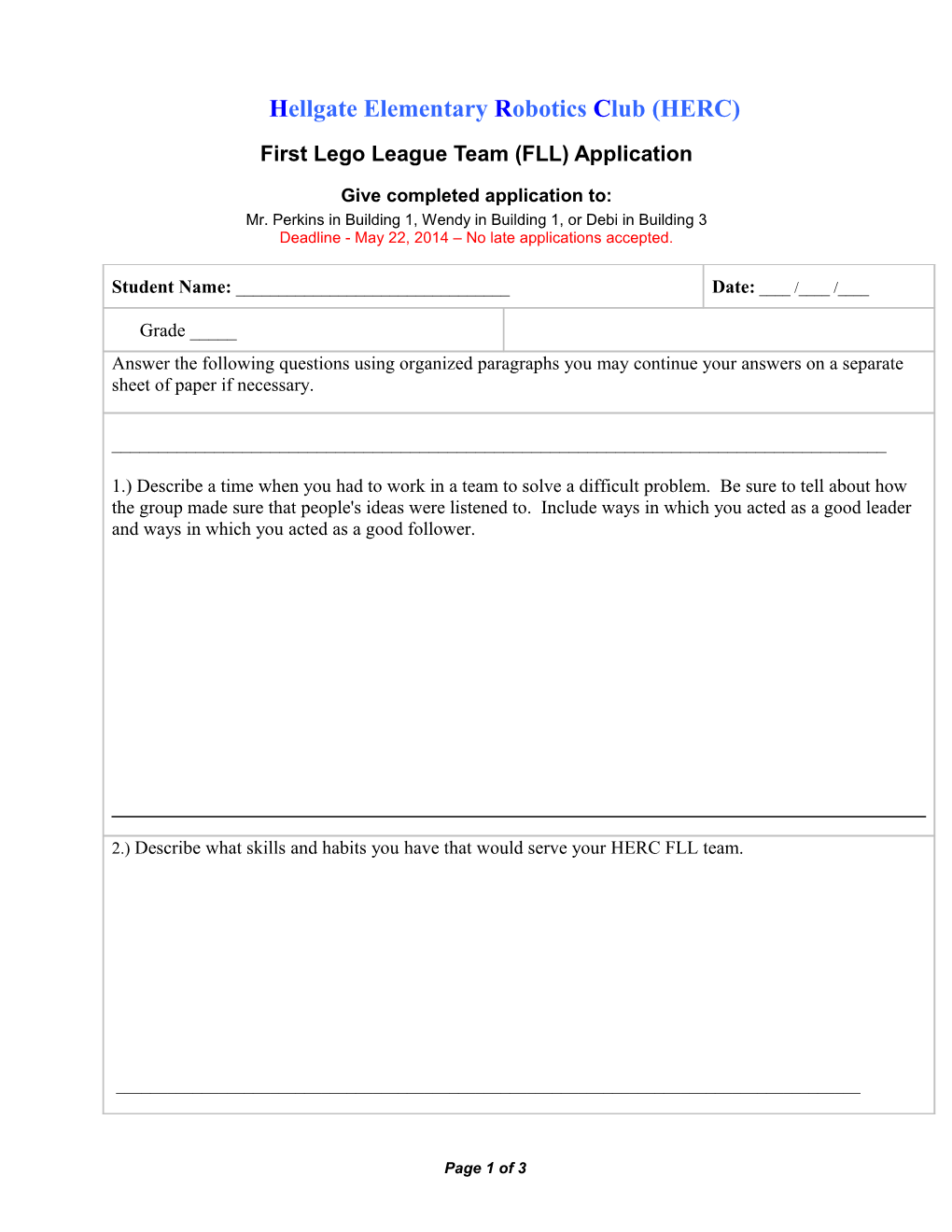 Hellgate Elementary Robotics Club (HERC) - First Lego League (FLL) Application