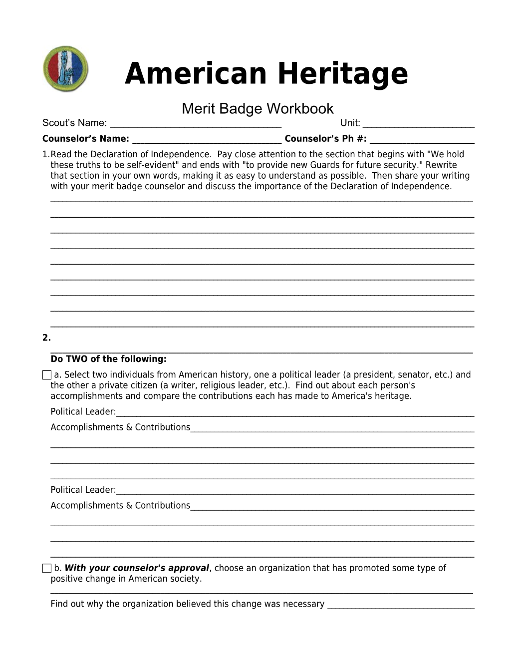 American Heritage P. 1Merit Badge Workbookscout's Name: ______