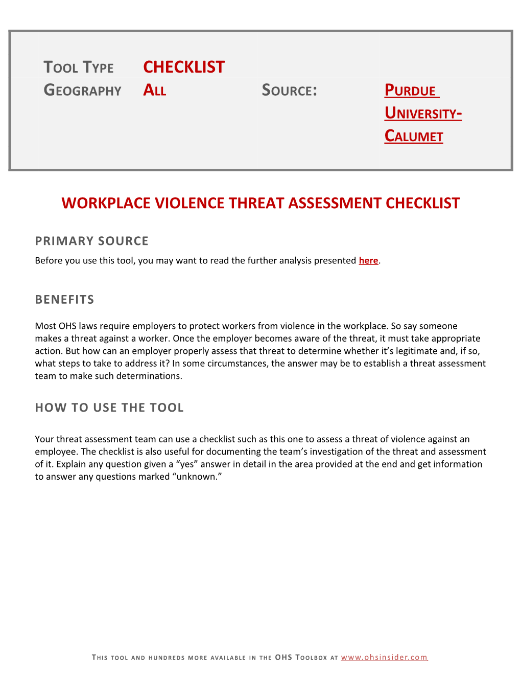 Workplace Violence Threat Assessment Checklist