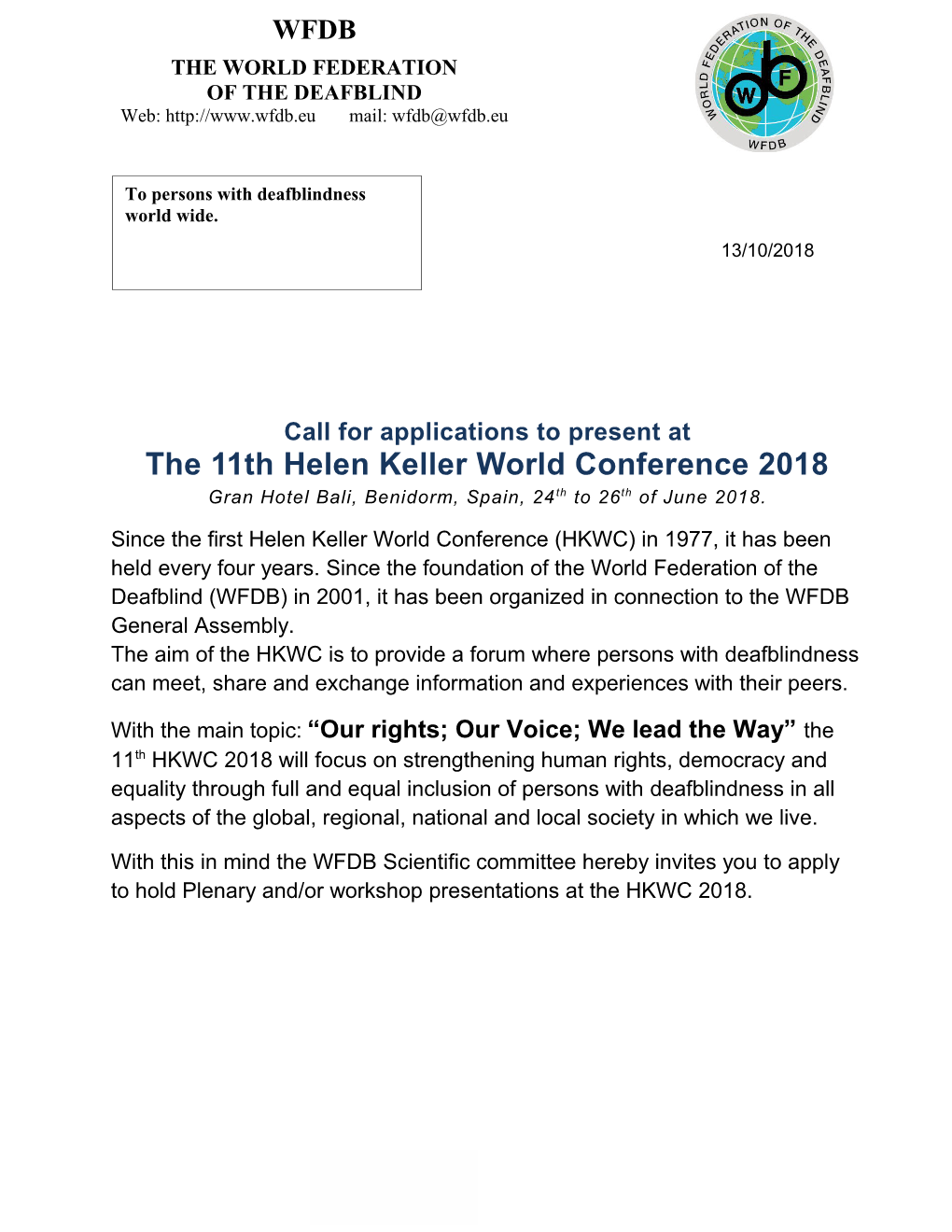 Call for Applications to Present at the 11Th Helen Keller World Conference 2018