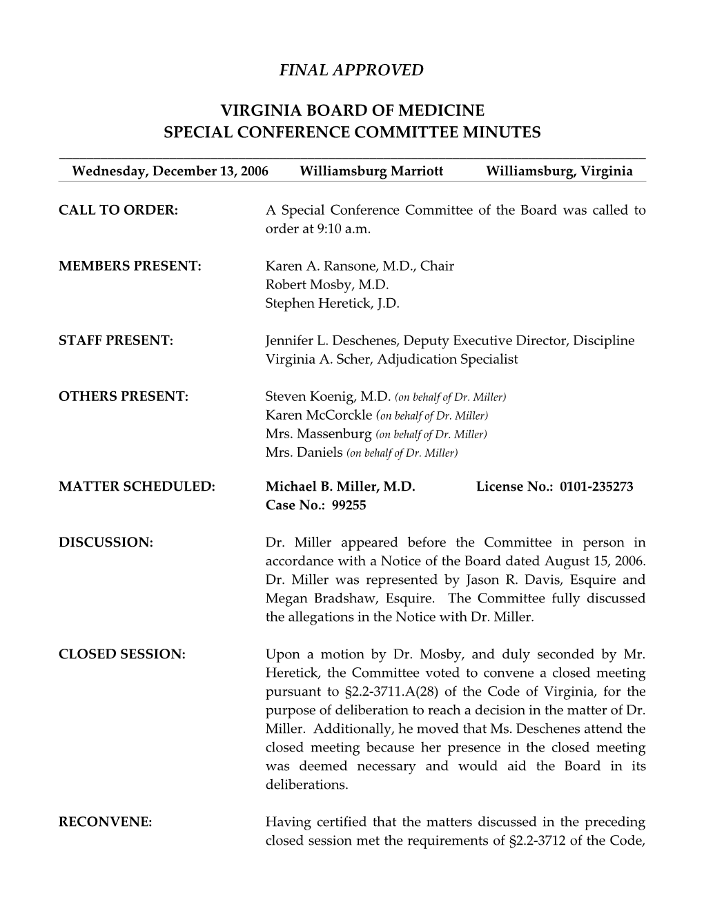 Special Conference Committee Minutes
