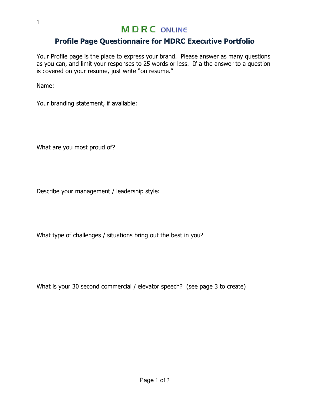 Profile Page Questionnaire for MDRC Executive Portfolio