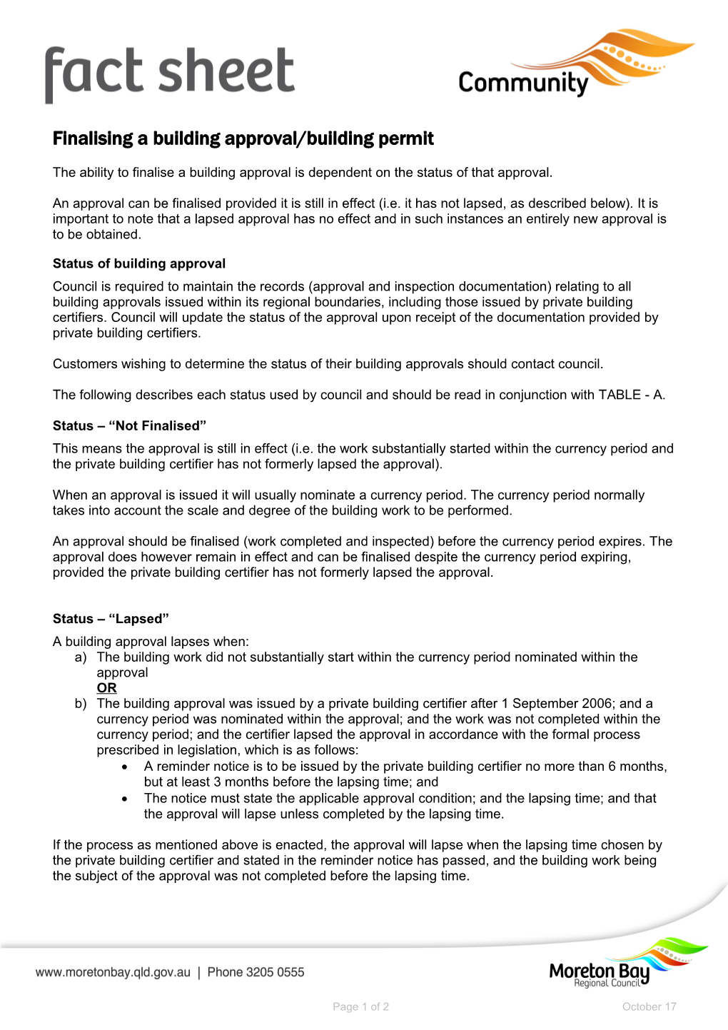 Finalising a Building Approval/Building Permit Fact Sheet