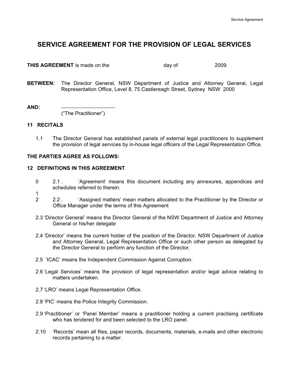 Service Agreement for the Provision of Legal Services