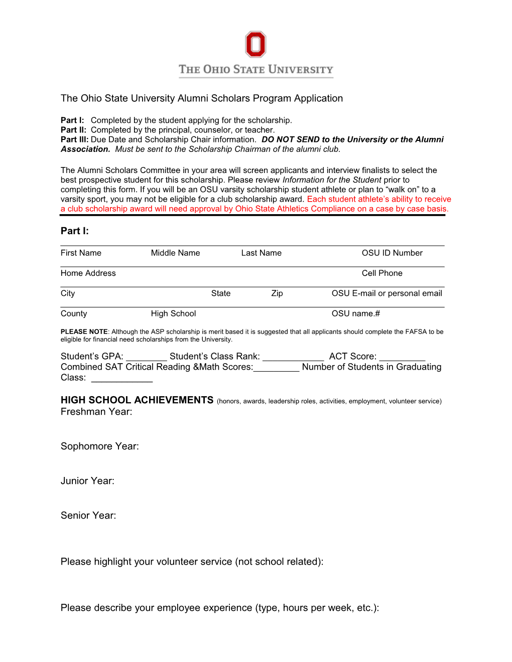 The Ohio State University Alumni Scholars Program Application