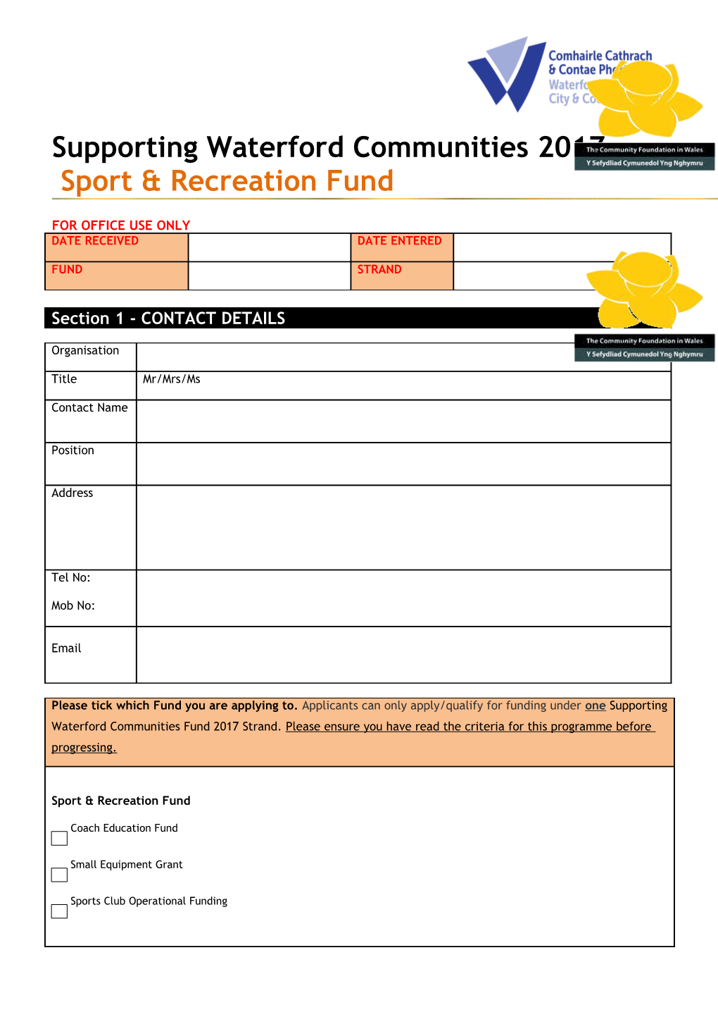 Sports Recreation Fund 2016 Application Form