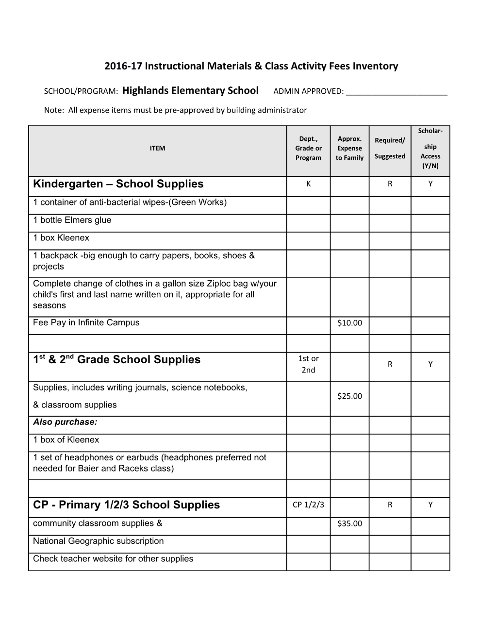 2016-17 Instructional Materials & Class Activity Fees Inventory