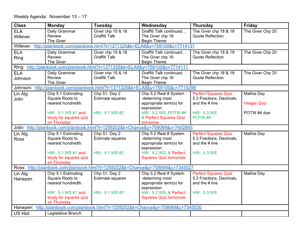 Weekly Agenda: November 13 17