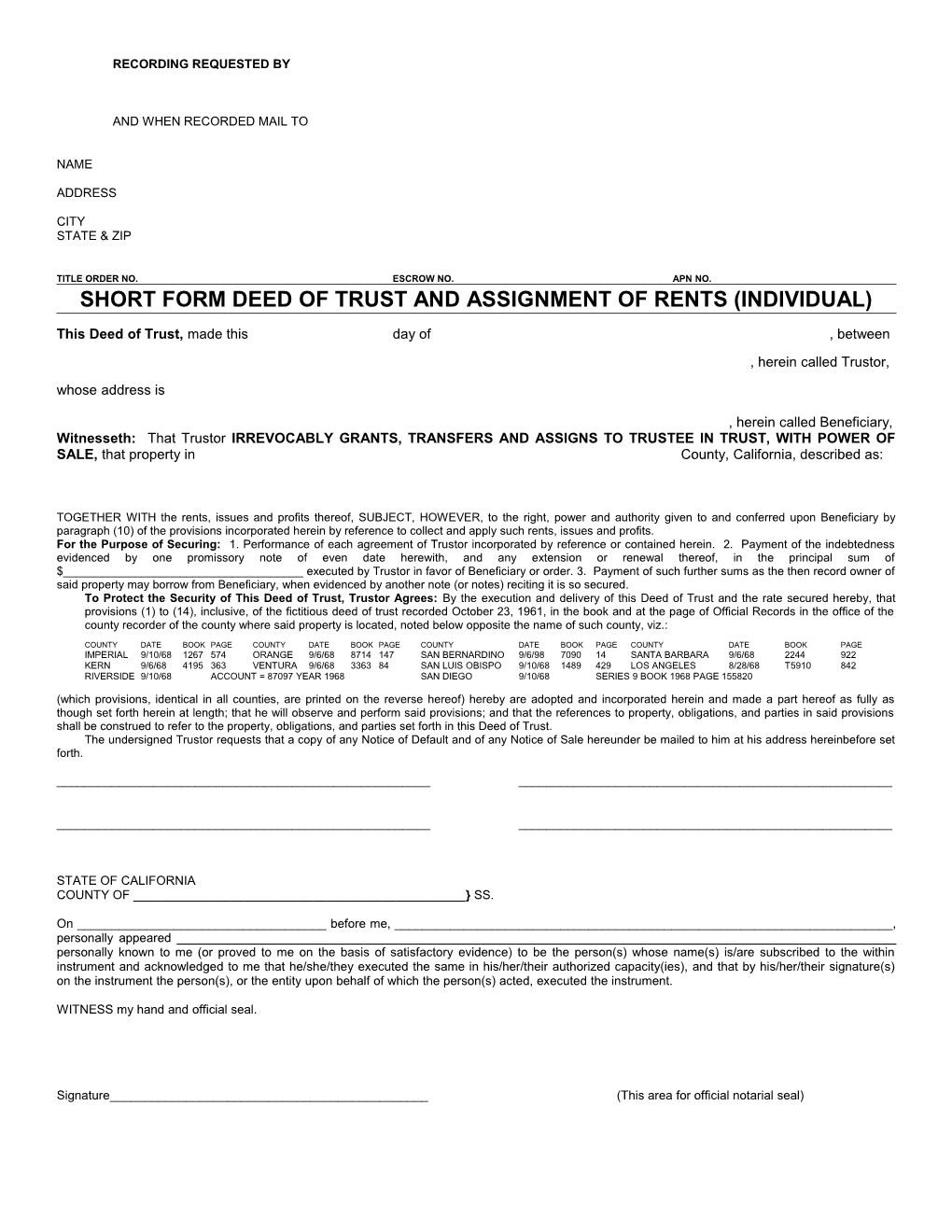 Short Form Deed of Trust & Assgnment of Rents