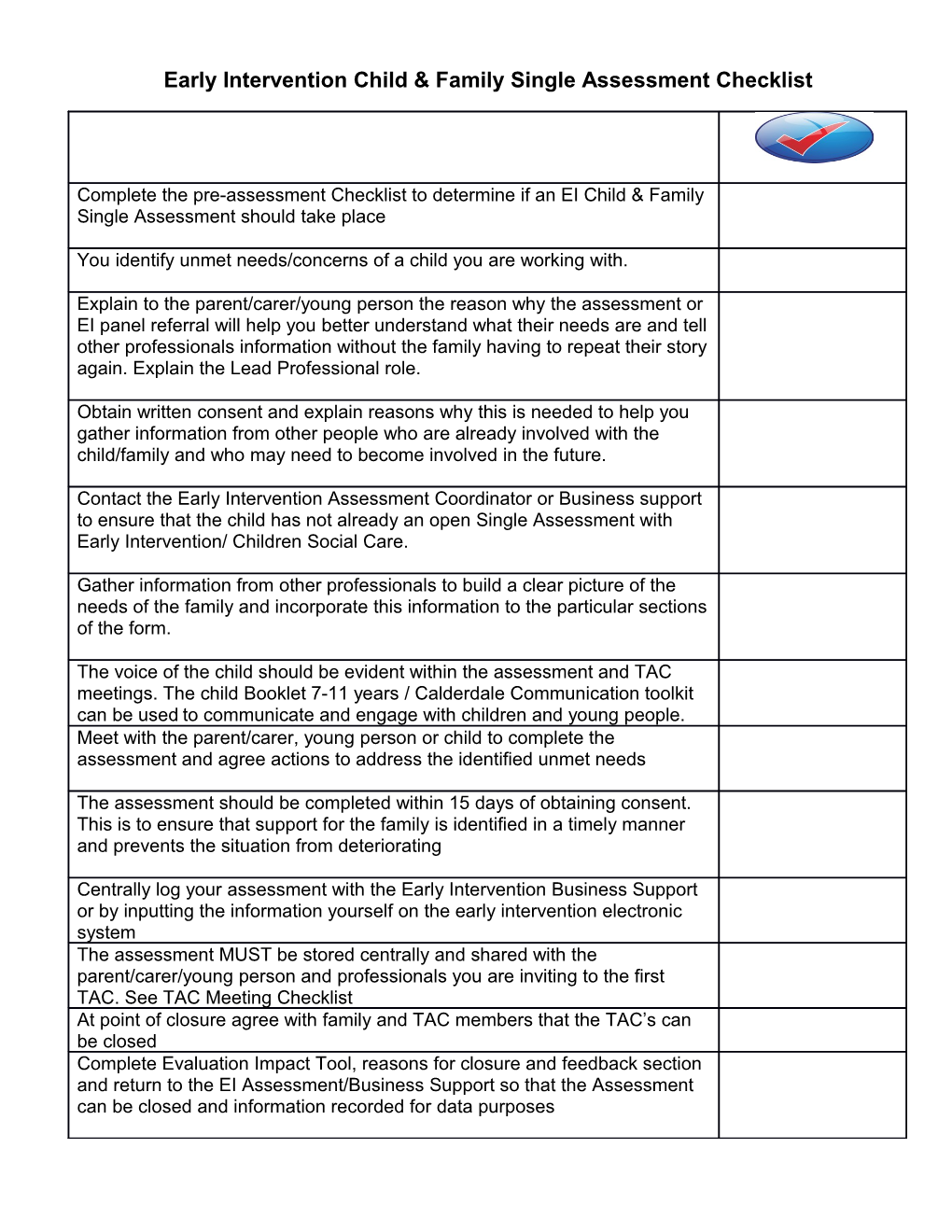 Early Intervention Child and Family Single Assessment Checklist