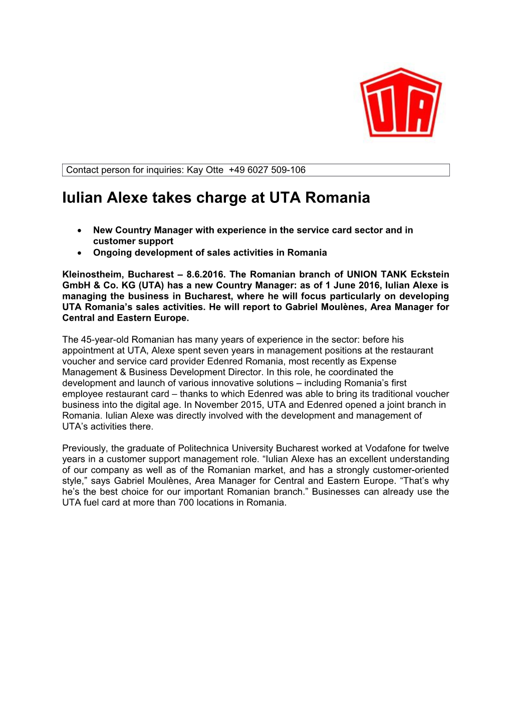 Iulian Alexe Takes Charge at UTA Romania