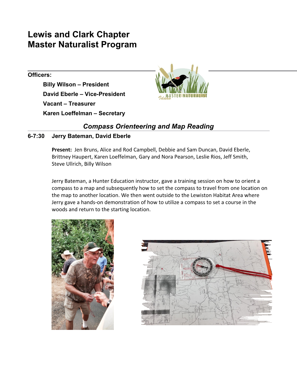 Idaho Master Naturalist Lewis and Clark Chapter Meeting Minutes, 08-13-2015