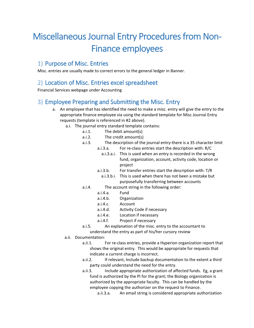 Miscellaneous Journal Entry Procedures from Non-Finance Employees