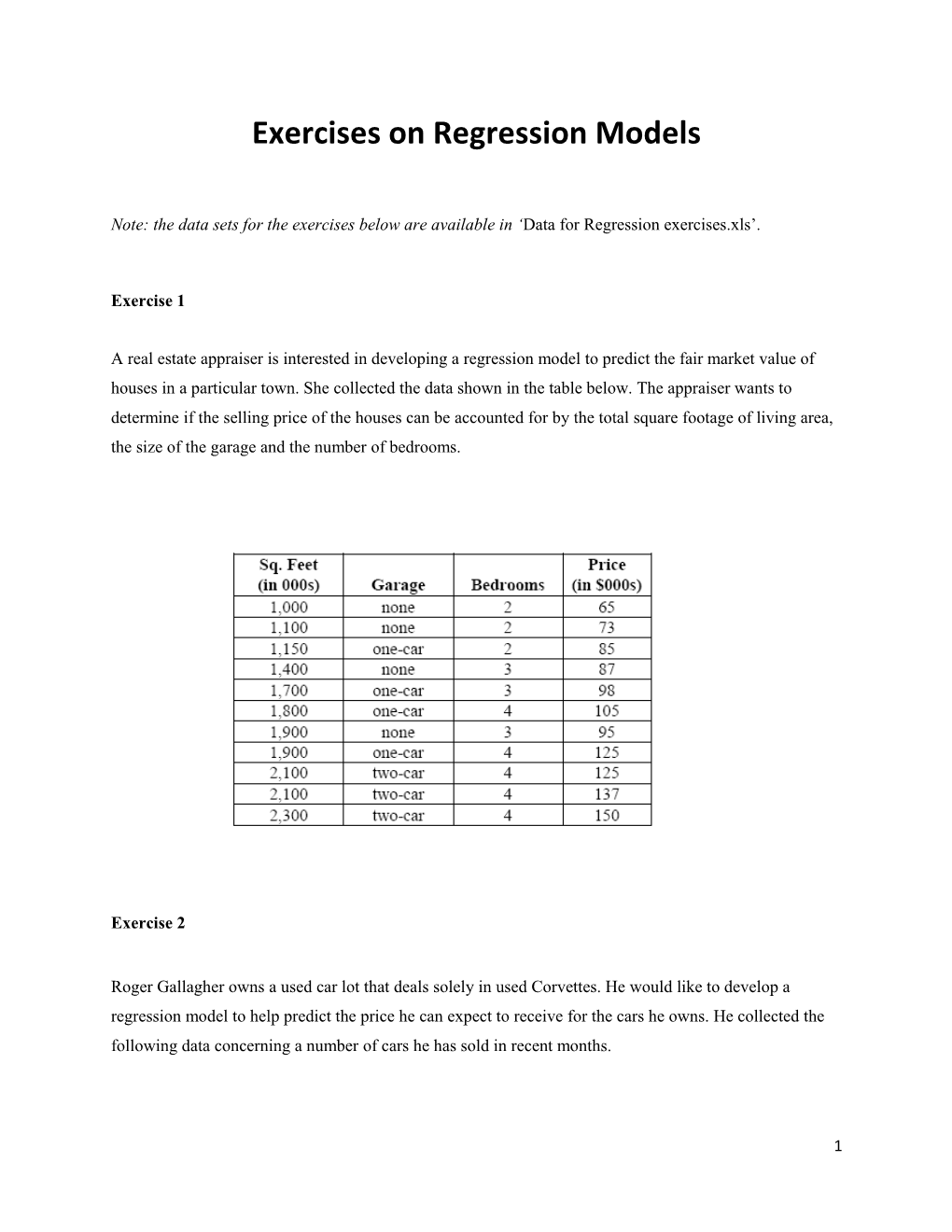 Exercises on Regression Models
