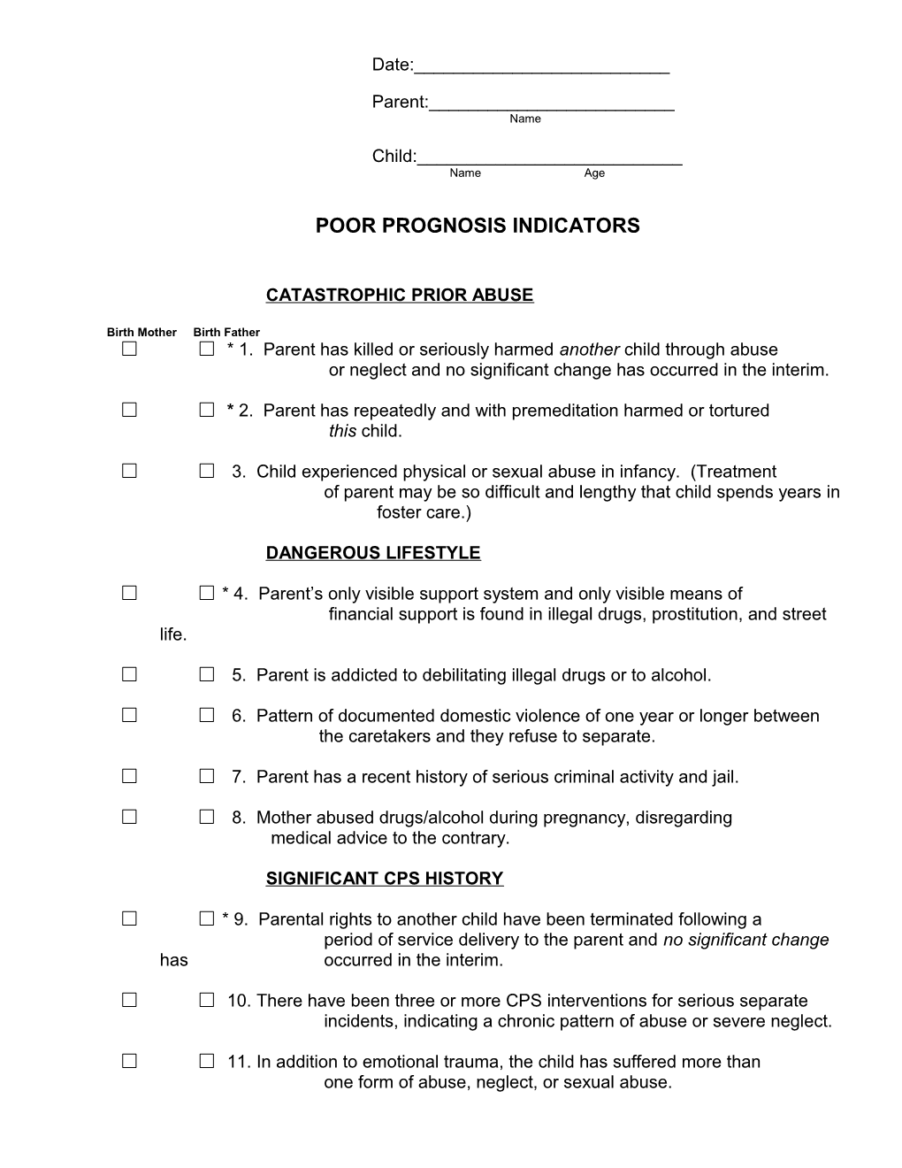High Risk Indicators Which May Prevent Reunification Worksheet