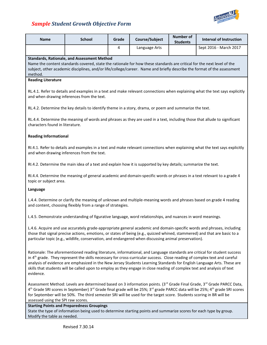 Sample Student Growth Objective Form