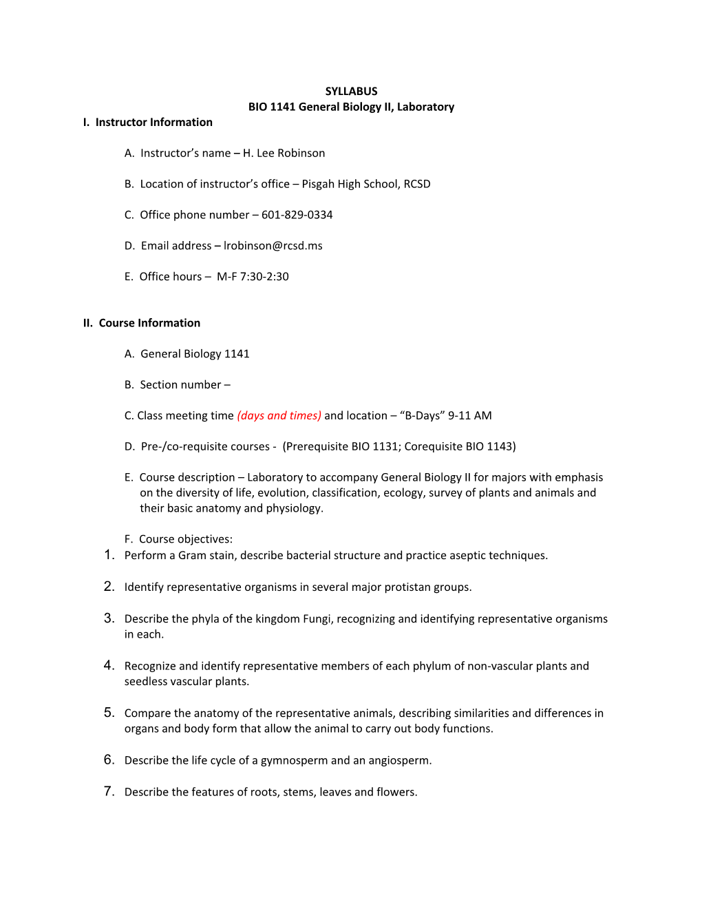 BIO 1141 General Biology II, Laboratory