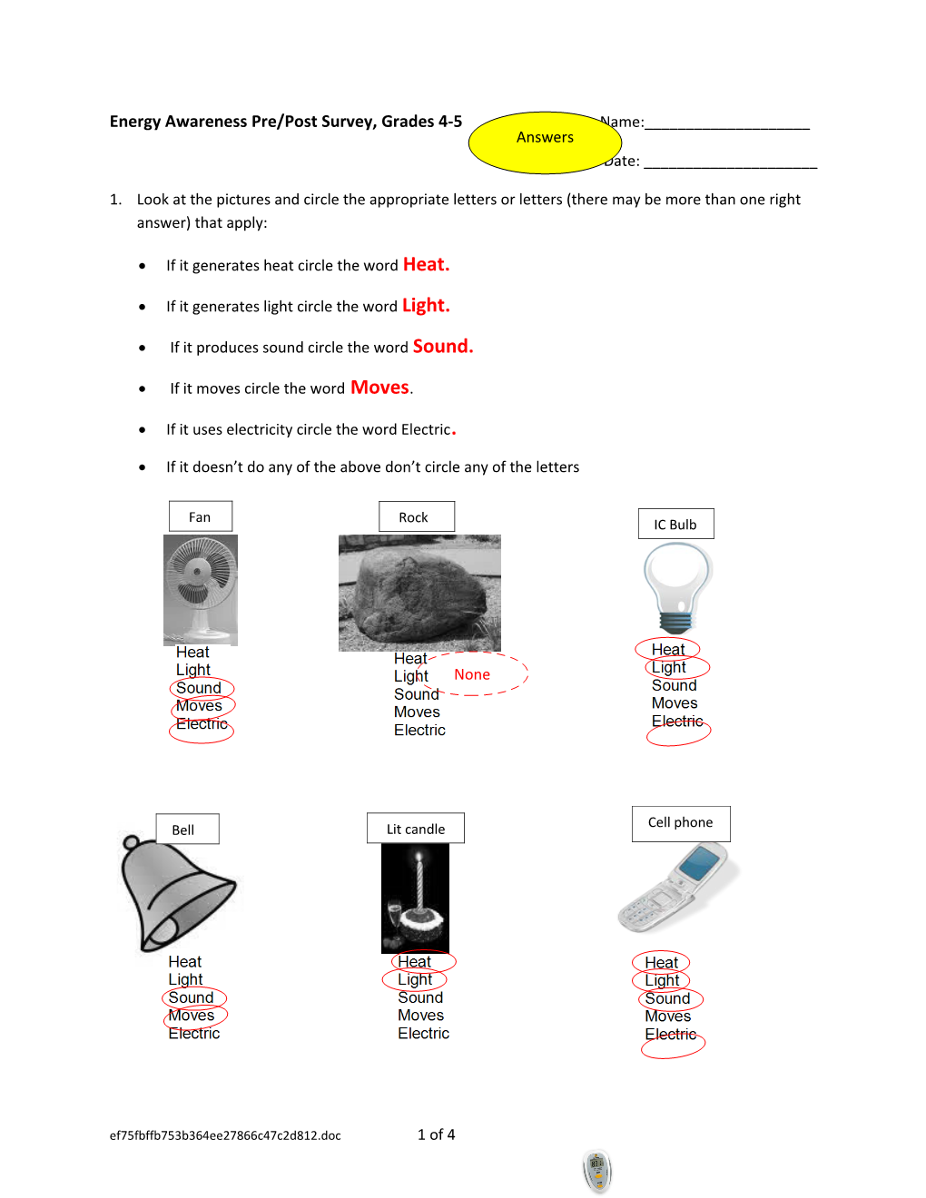 Energy Awareness Pre/Post Survey, Grades 4-5 Name:______