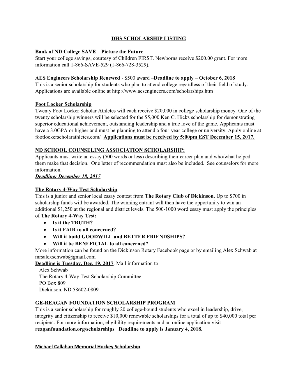 DHS Scholarship List