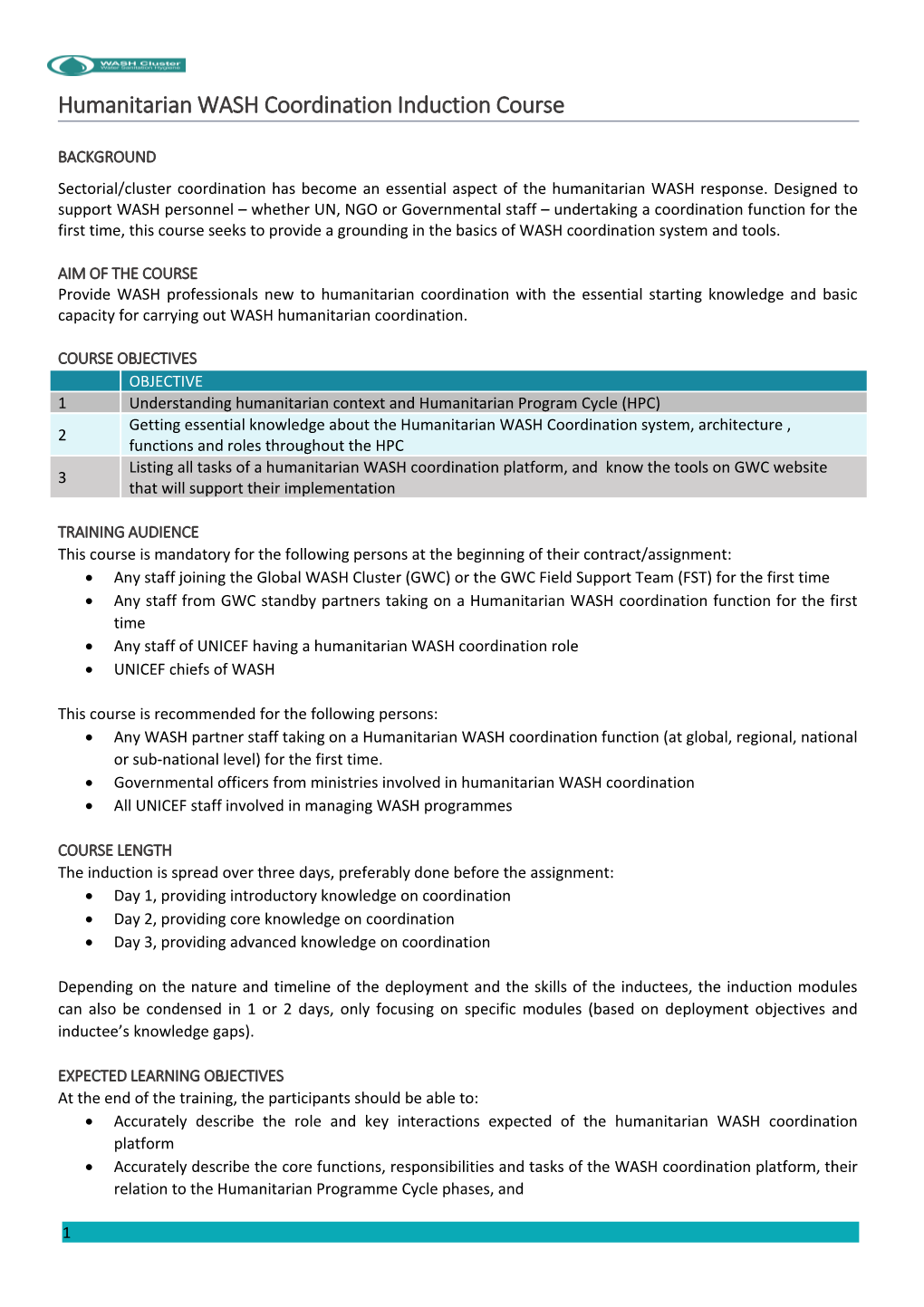 Humanitarian WASH Coordination Induction Course