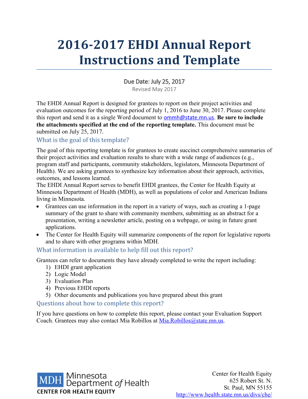 2015-2016 EHDI Evaluation Report Instructions and Template