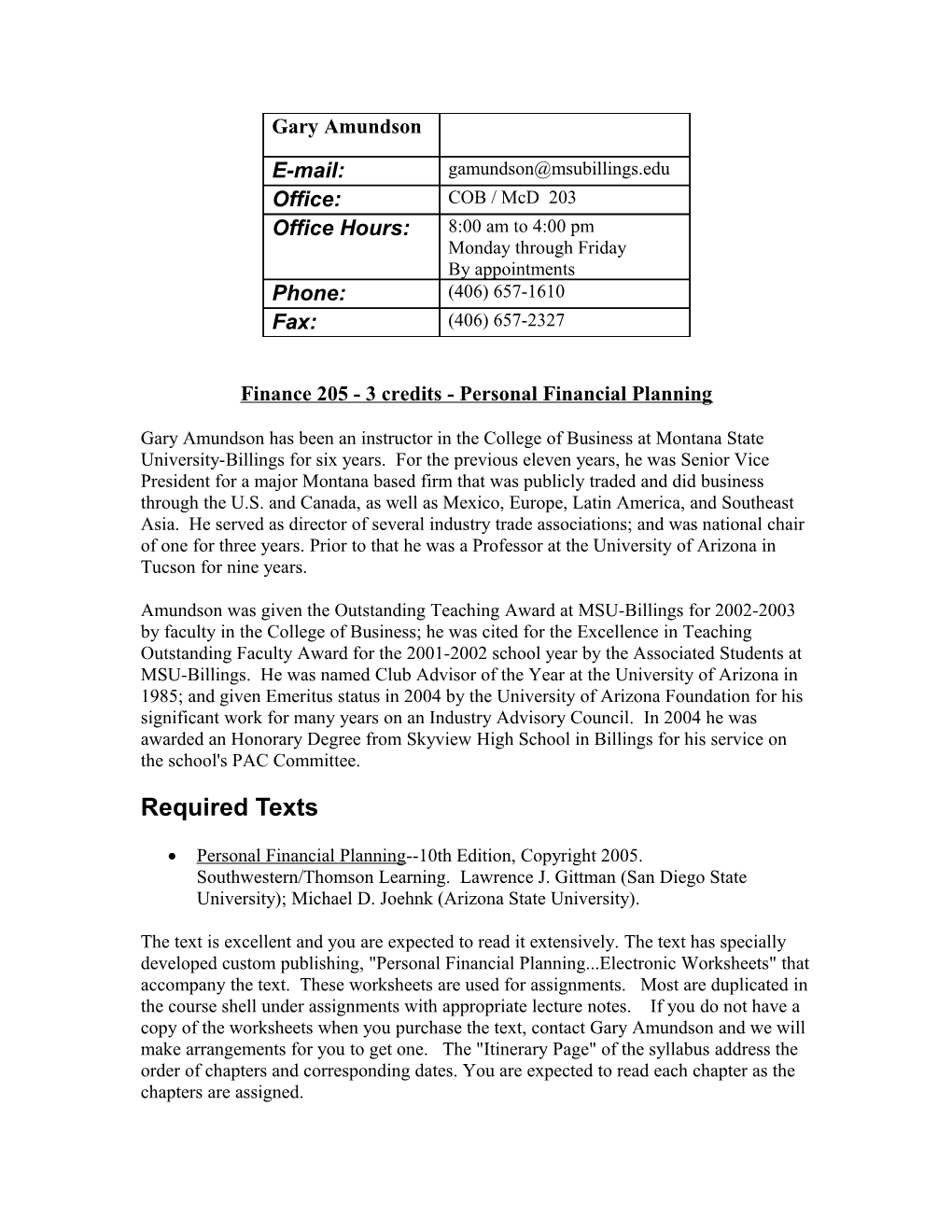 Finance 205 - 3 Credits - Personal Financial Planning