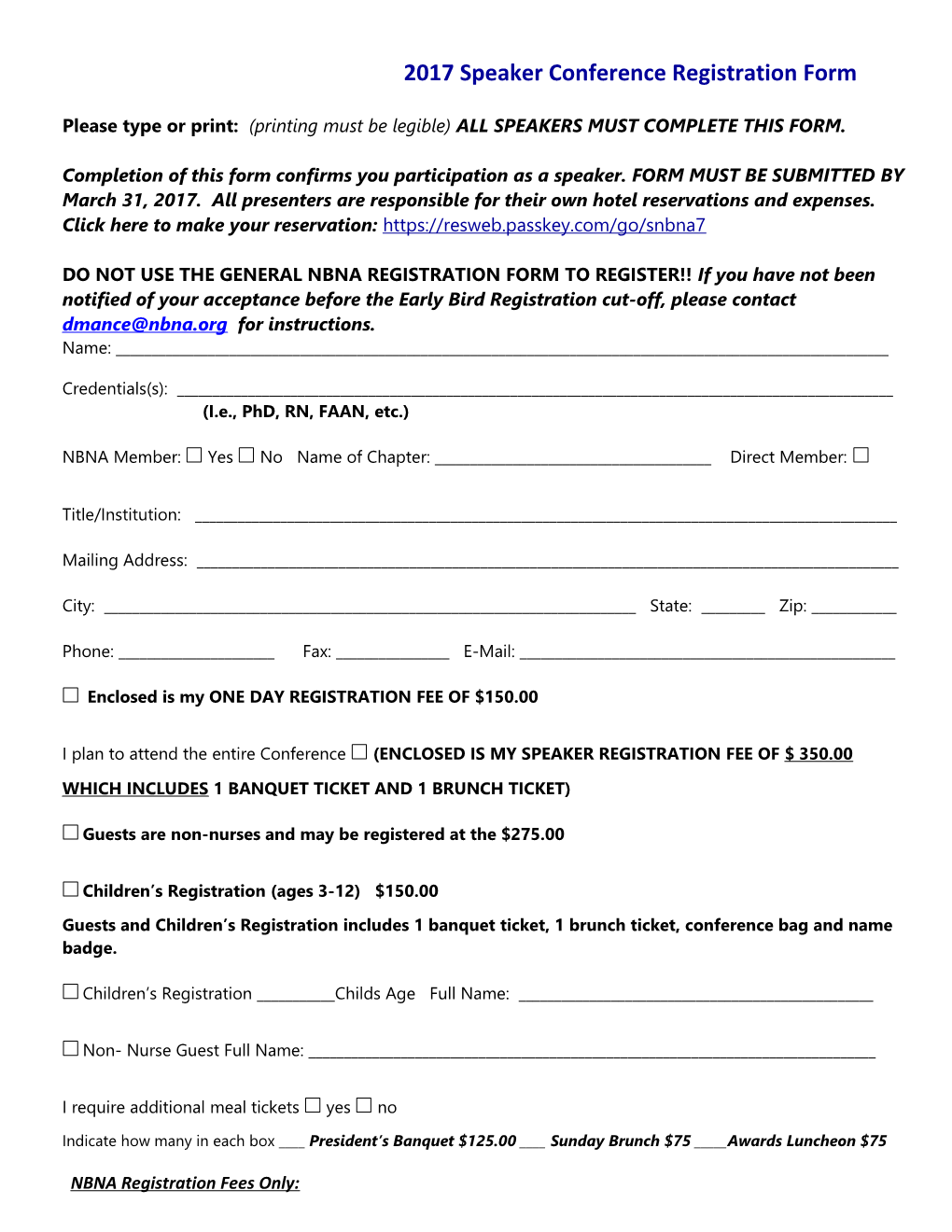 2017 Speaker Conference Registration Form