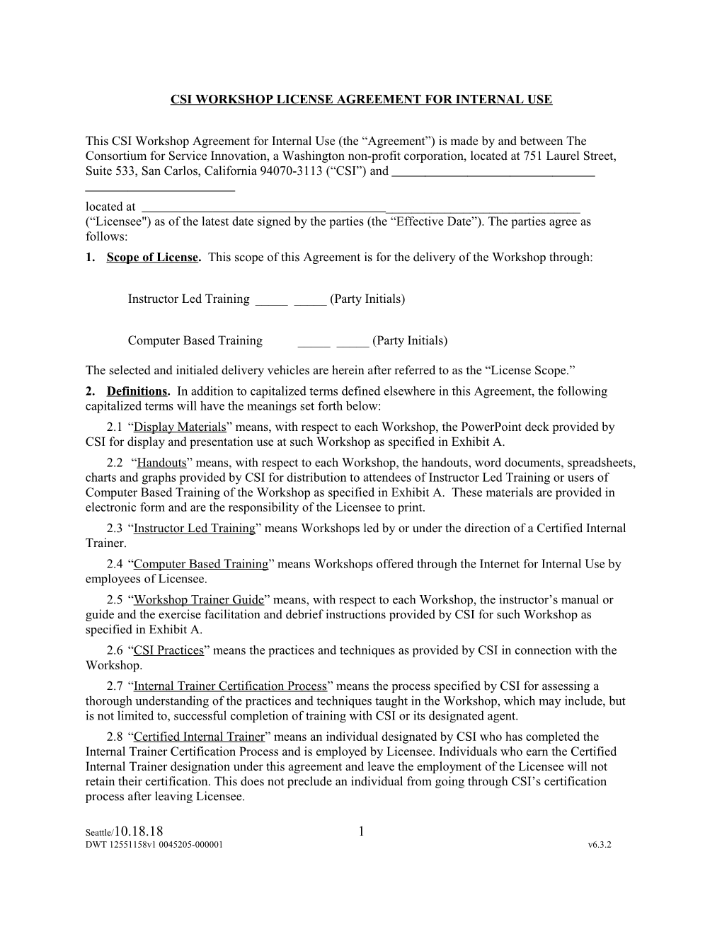 Csi Workshop License Agreement for Internal Use