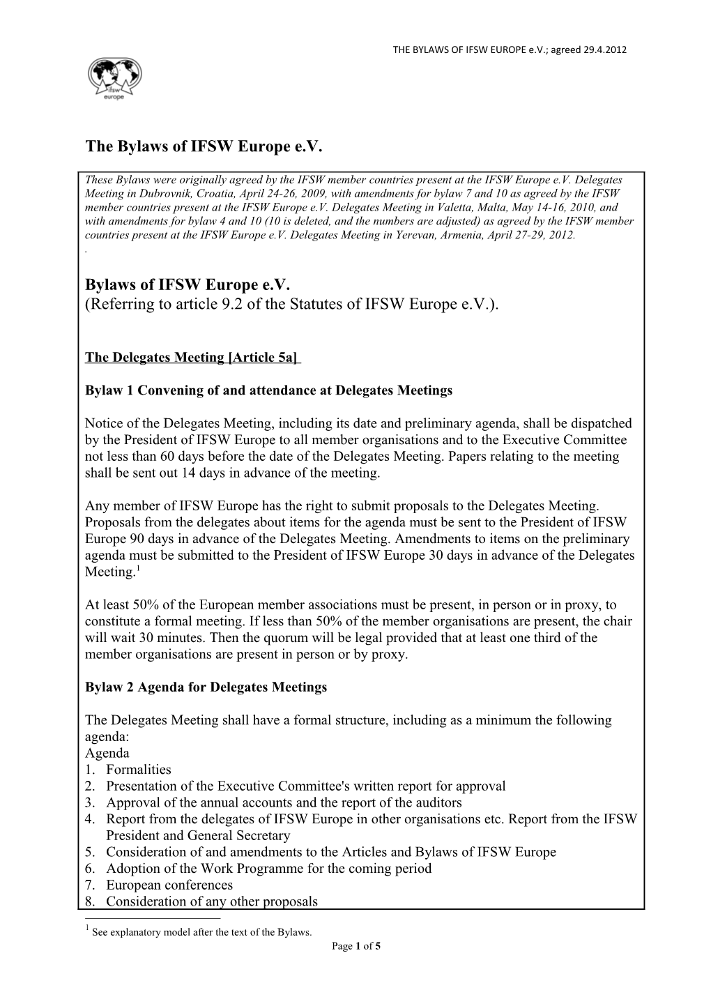 THE BYLAWS of IFSW EUROPE E.V.; Agreed 29.4.2012