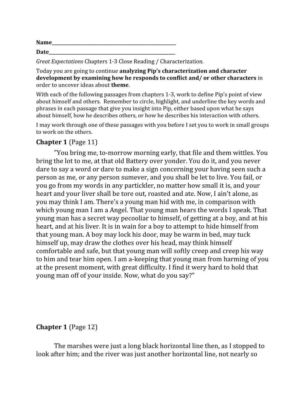 Great Expectations Chapters 1-3 Close Reading / Characterization