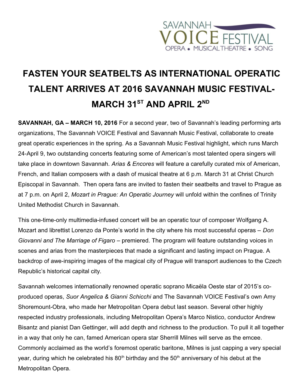 Fasten Your Seatbelts As International Operatic Talent Arrives at 2016 Savannah Music