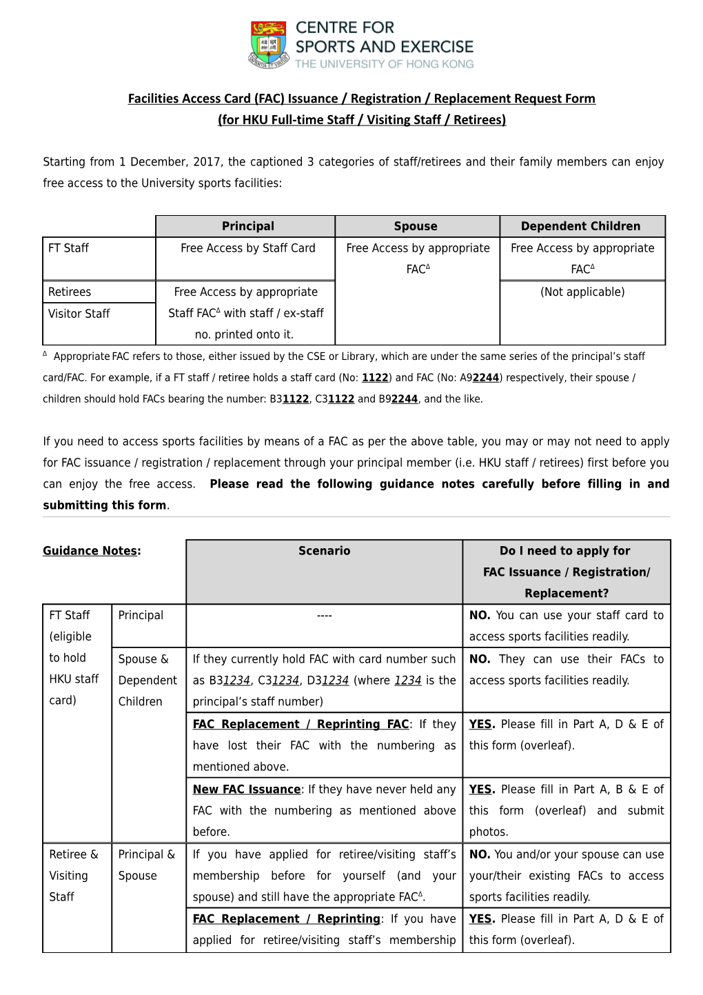 Facilities Access Card (FAC) Issuance / Registration / Replacement Request Form