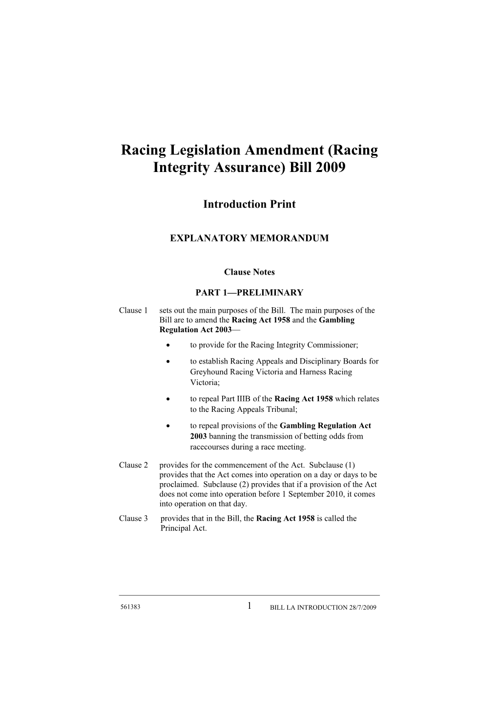 Racing Legislation Amendment (Racing Integrity Assurance) Bill 2009