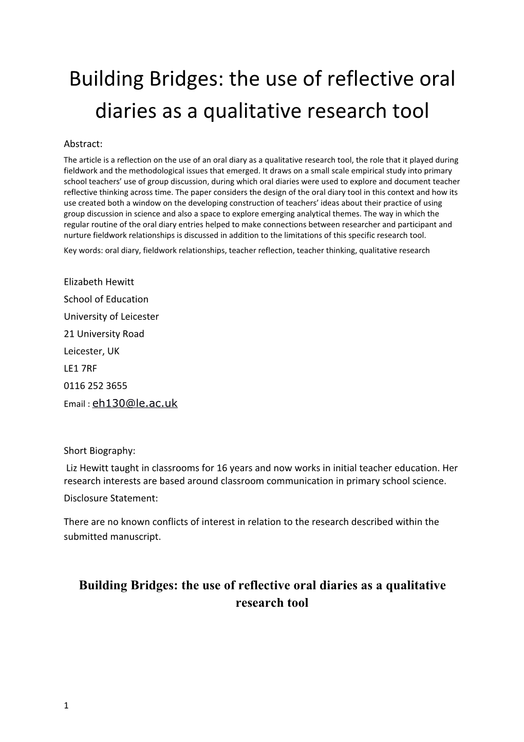 Building Bridges: the Use of Reflective Oral Diaries As a Qualitative Research Tool