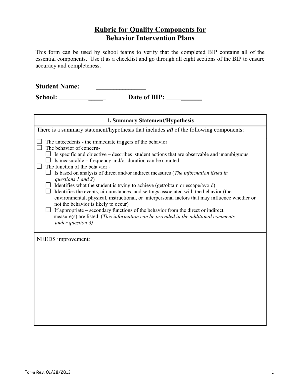 Rubric for Quality Components for Behavior Intervention Plans