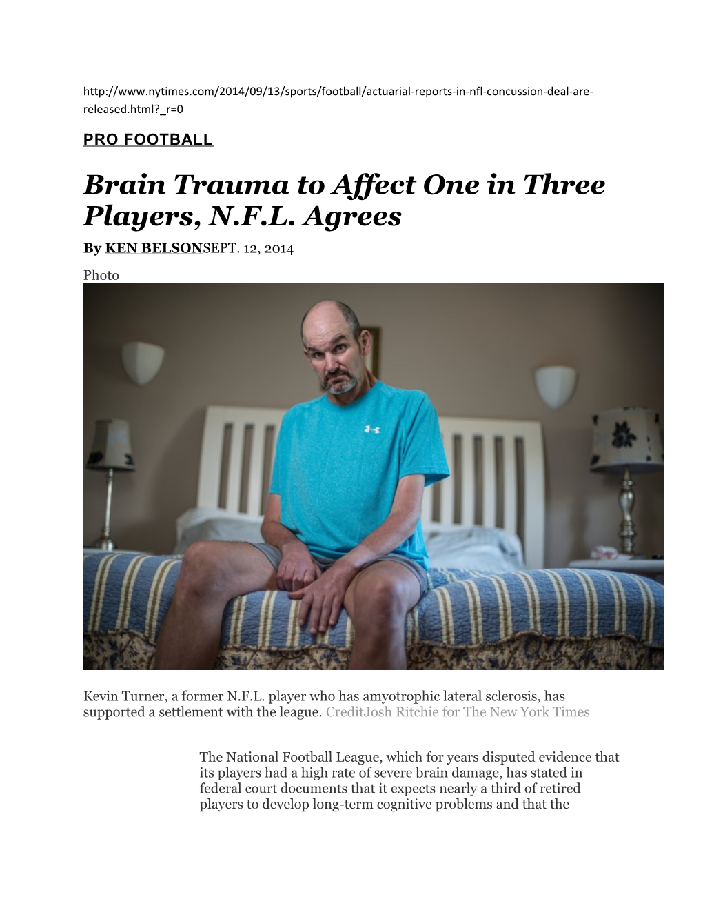 Brain Trauma to Affect One in Three Players, N.F.L. Agrees