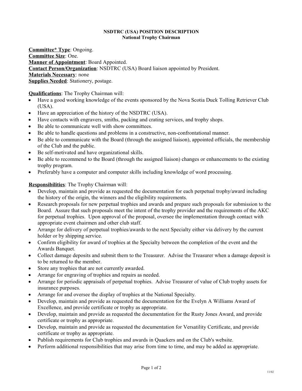 Nsdtrc (Usa) Position Description