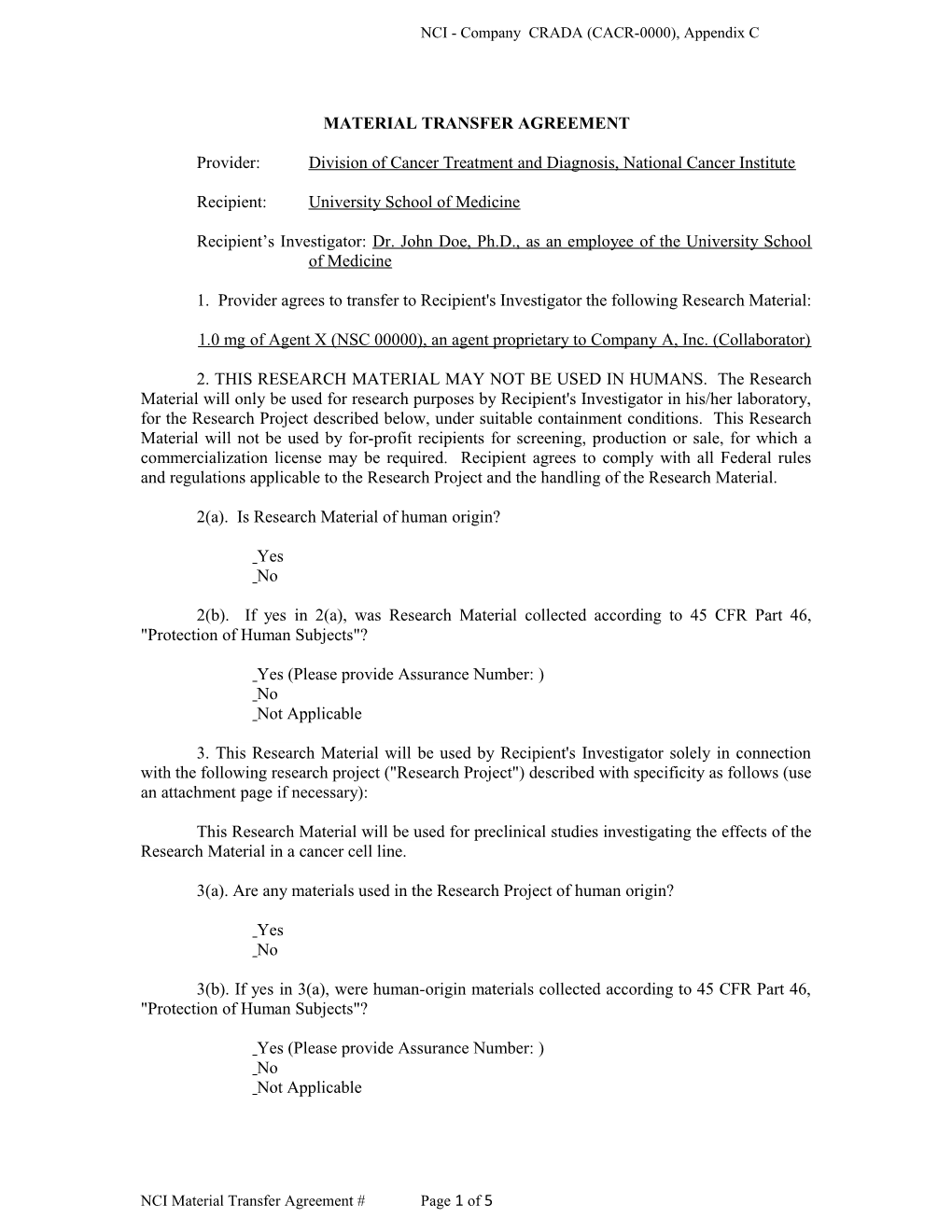 NCI - Company CRADA (CACR-0000), Appendix C