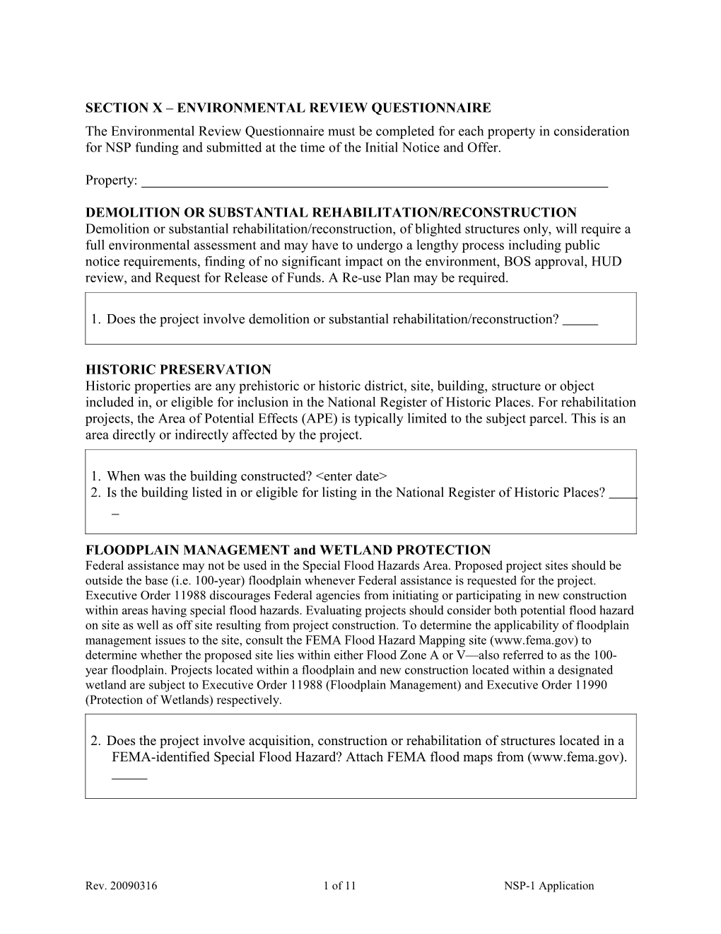 Section X Environmental Review Questionnaire