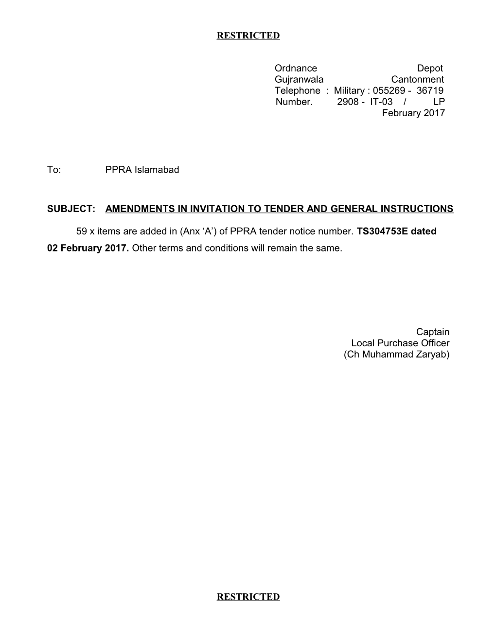Subject:Amendments in Invitation to Tender and General Instructions