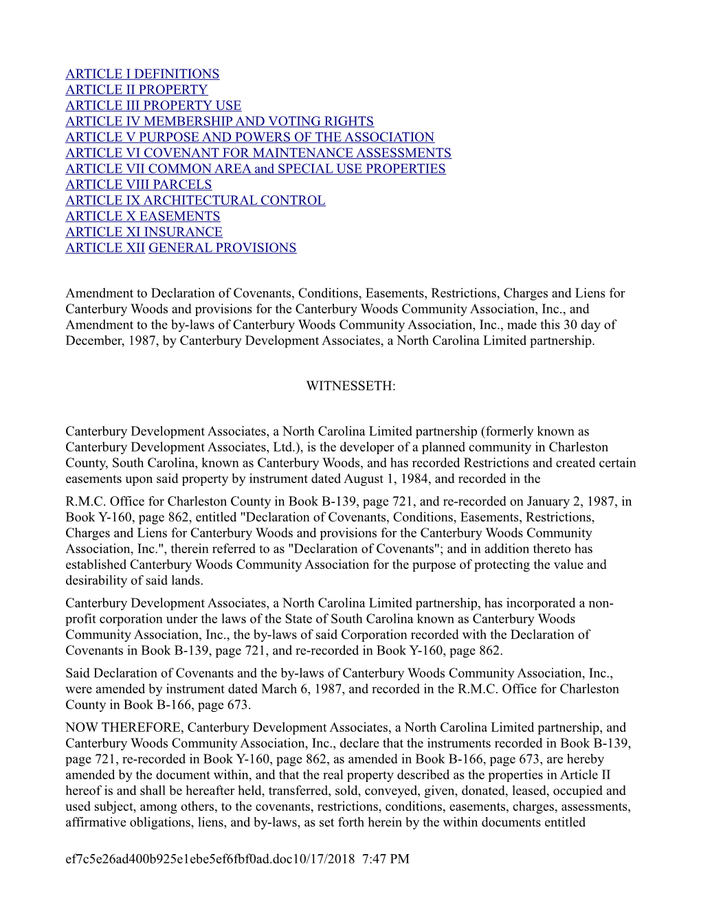 Article I Definitions Article Ii Property Article Iii Property Use Article Iv Membership